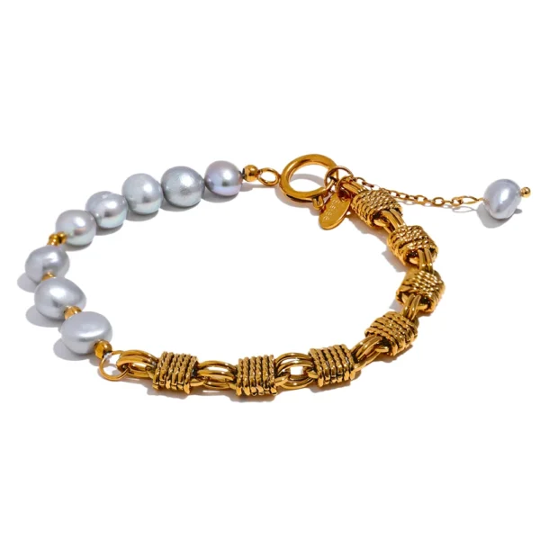 Pulseira Dupla Pérola Cinza Metal Banho em Ouro 18k