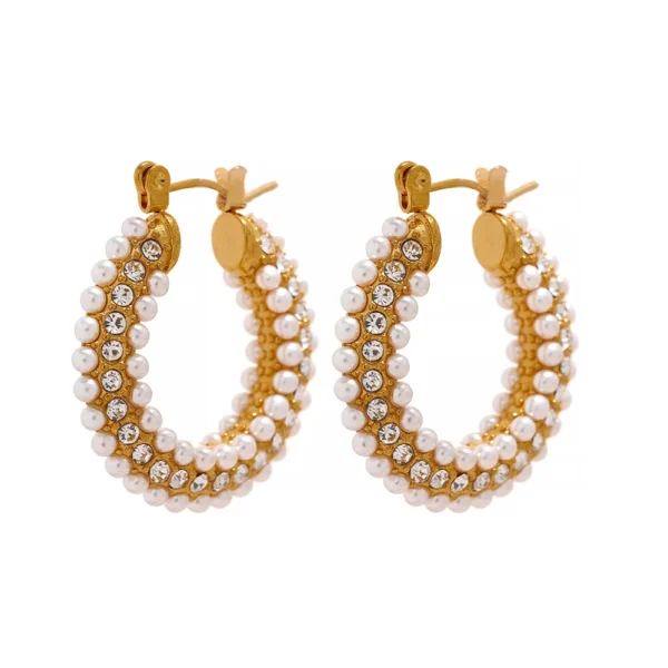 Brinco Argola Pérolas e Pedras Banho em Ouro 18k