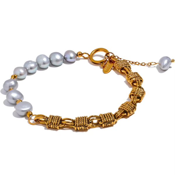 Pulseira Dupla Pérola Cinza Metal Banho em Ouro 18k - Imagem 7