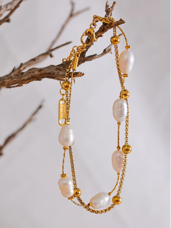 Pulseira Dupla Pérolas Banho em Ouro 18k - Imagem 2