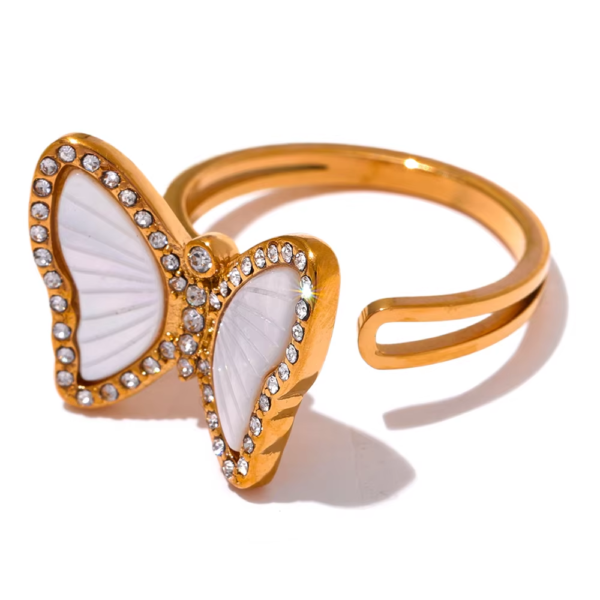 Anel Ajustável White Butterfly Banho em Ouro 18k