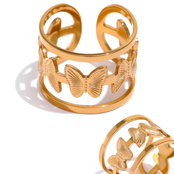 Anel Ajustável Borboleta Banho em Ouro 18k