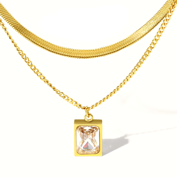 Colar Duplo com Malha Fina e Pingente de Zircônia Banho em Ouro 18k