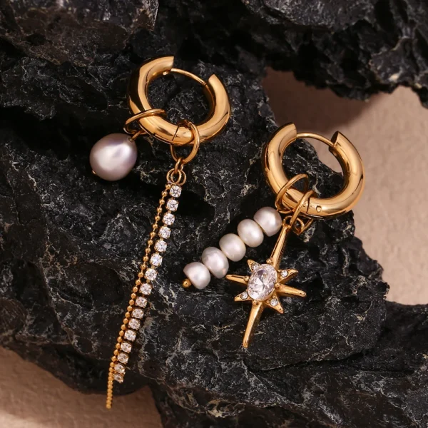Brinco Pendente Star & Pearl Banho em Ouro 18k - Imagem 2