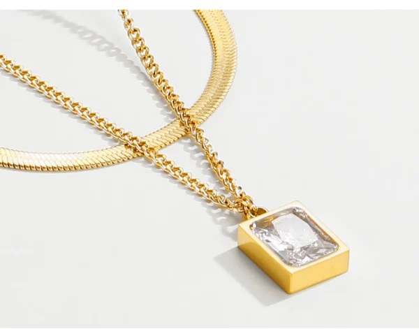 Colar Duplo com Malha Fina e Pingente de Zircônia Banho em Ouro 18k - Imagem 3