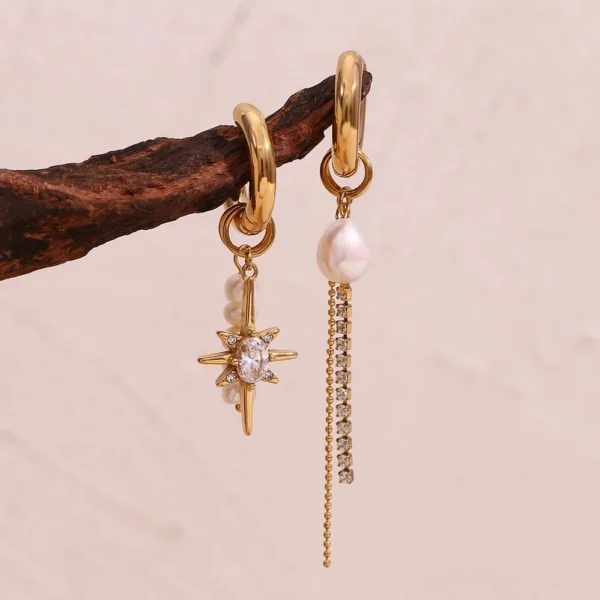 Brinco Pendente Star & Pearl Banho em Ouro 18k