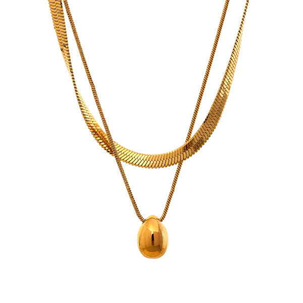Colar Duplo Malha Snake Pingente Oval Banho em Ouro 18k