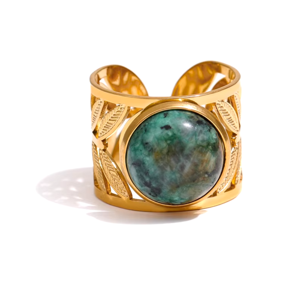 Anel Ajustável Turquesa Verde Banho em Ouro 18k